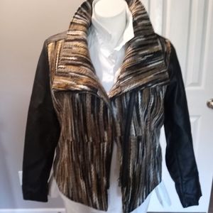 Faux black leather with a fabric front and back with zipper